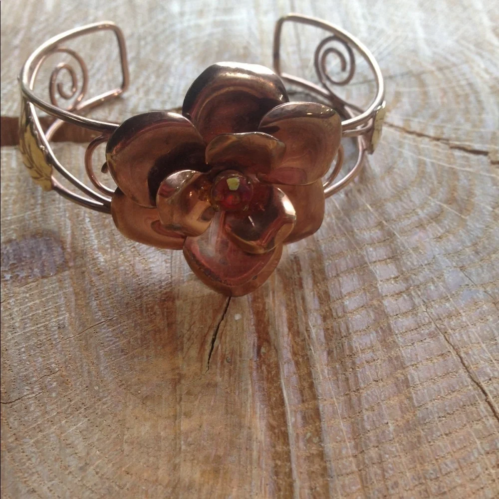 Vintage Rose Gold Tone Flower Cuff Bracelet